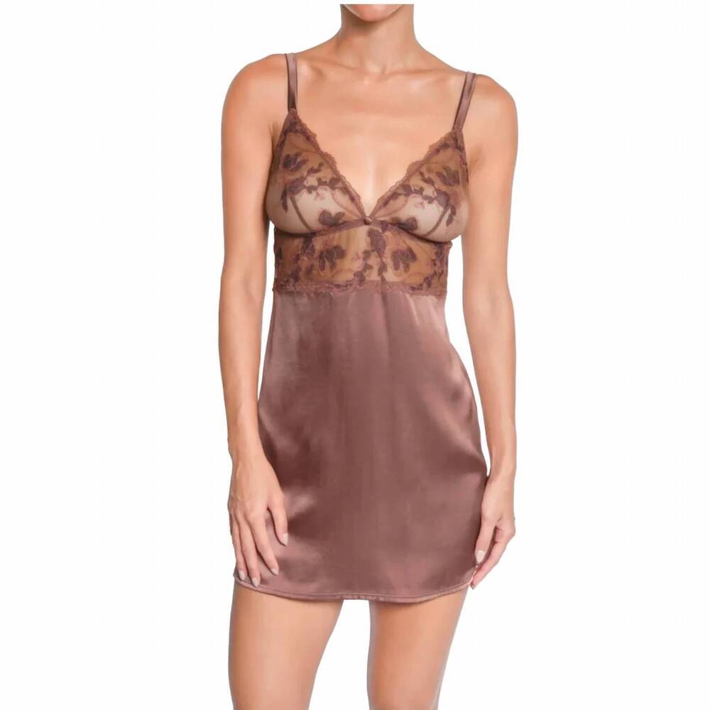 NEW HUIT floral lace mini chemise in mocha brown